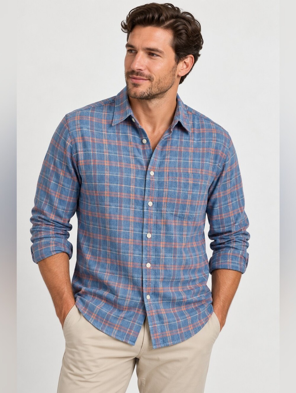 Faherty Men’s L Indigo Blue Plaid Cotton Flannel Button-Up Shirt